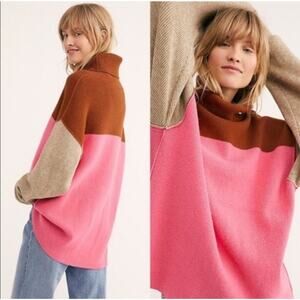 Free People Soft-Girl Colorblock Turtleneck Sweater XS Pink Beige Brown
